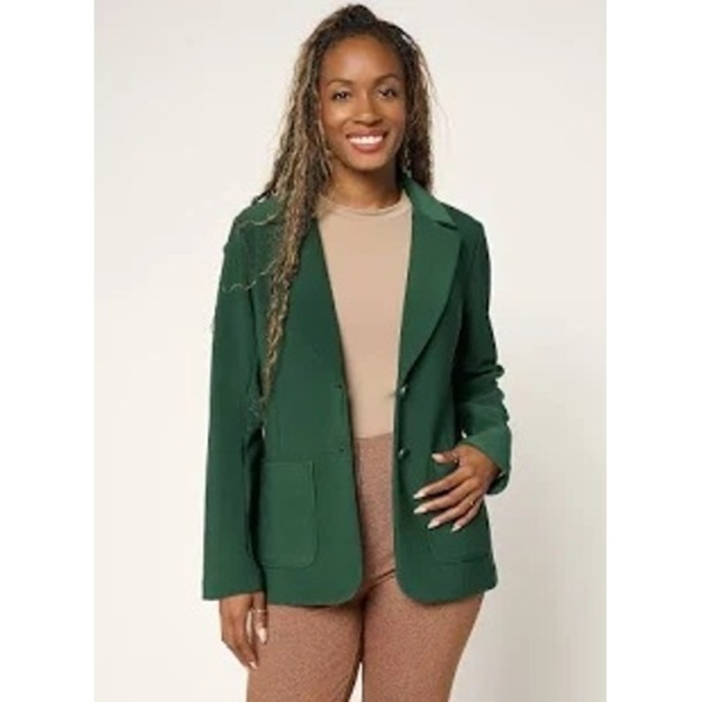 Susan Graver women SP brushed back LK fusion notch collar blazer hunter green